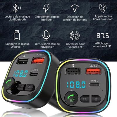 Transmetteur FM Bluetooth Pour Voiture - 2 Ports USB + Type-C, Mains Libres