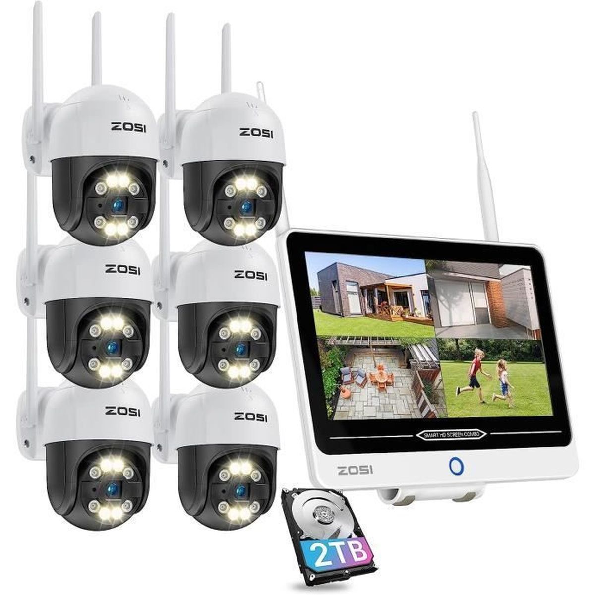 ZOSI PTZ Kit Camera de Surveillance WiFi, 12,5” NVR Moniteur 2TB 8CH 2K