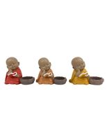 Bougeoir Tea Lite Set de 3 Statuette Moine Zen assis étudiant couleur Carmin jaune Beige 12x9cm
