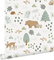 ESTAhome papier peint forêt avec des animaux de la forêt blanc, vert et beige - 0,53 x 10,05 m - 139247