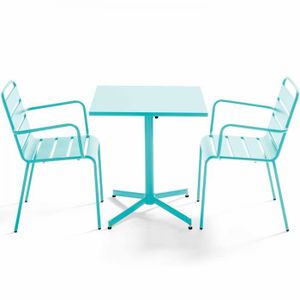 Ensemble table et chaise de jardin Table de jardin carrée et 2 fauteuils métal turquoise