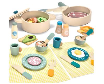 AolKee – Lot De 26 Ustensiles De Cuisine En Bois – Assiettes, Tasses, Couverts – Dès 3 Ans – Jeu De Rôle Et Dînette