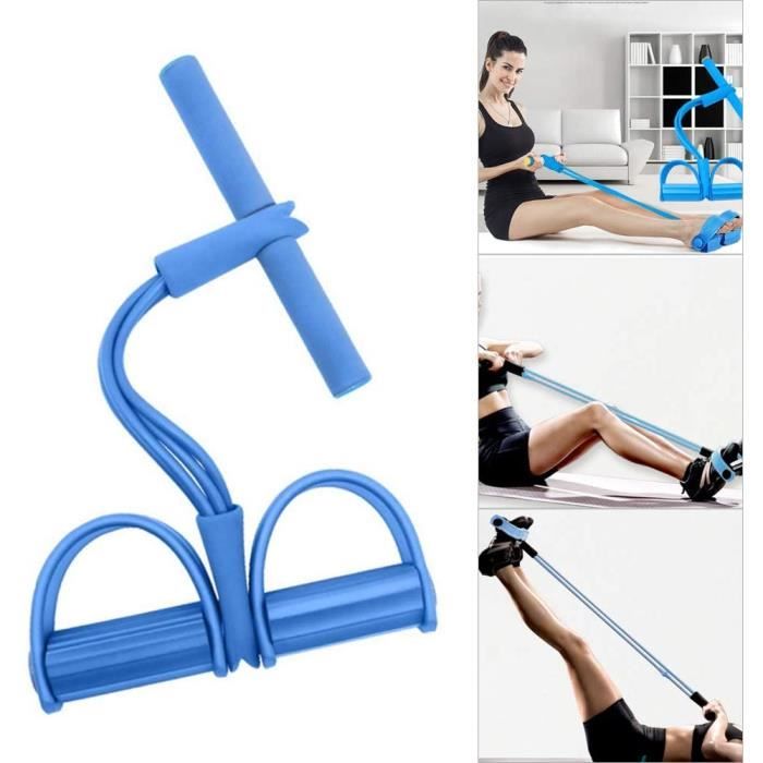 Appareil de gym 4 avec repose-pieds pour exercice - Rameur avec élastique bleu