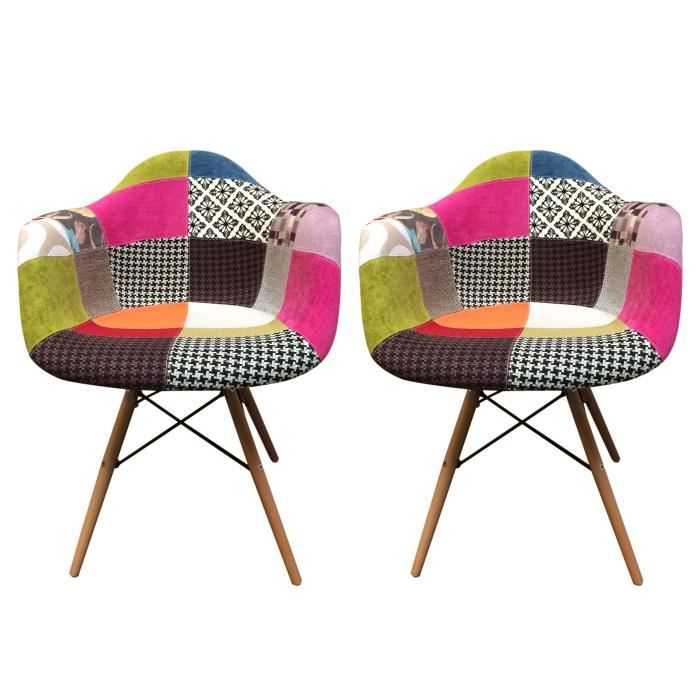 Jeu de 2 fauteuils tapissés patchwork - design tendance - pieds en hêtre – Collection RIVA