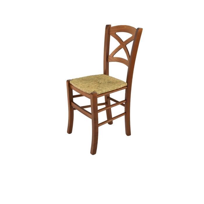 Tommychairs - Chaise cuisine CROSS, robuste structure en bois de hêtre peindré en couleur noyer clair et assise en paille