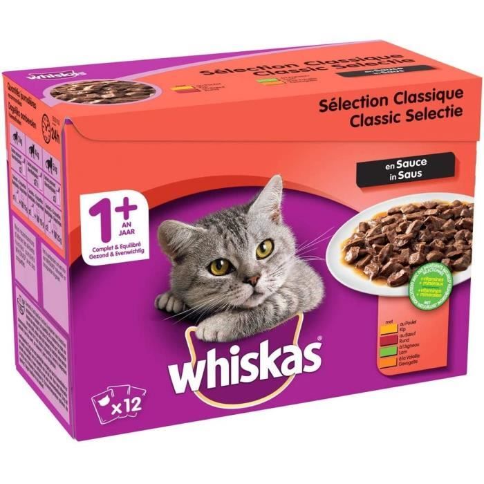 Whiskas Sélection classique en sauce Nourriture humide pour chat adulte Alimentation complète en sachets fraîcheur 4 x 12 x 1