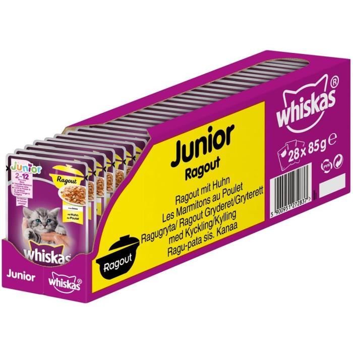Whiskas Junior Ragout - Poulet en gelée - pour Chat de 2 à 12 Mois - 28 sachets de 85g