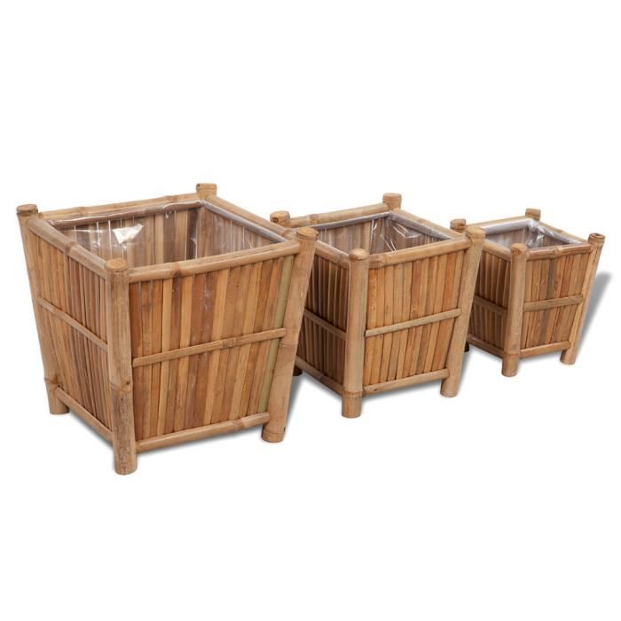3PCS Pots de Fleurs en Bambou naturel avec doublure en nylon pour jardin terrasse véranda Haute qualité