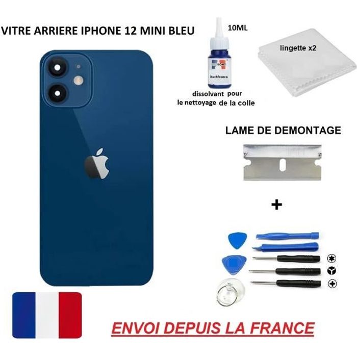 ITECHFRANCE® vitre arrière compatible IPHONE 12 MINI BLEU 5.4 qualité origine en verre, coque cache batterie double face Adhésif,dis