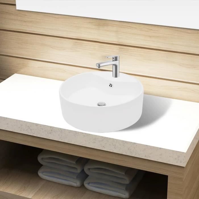 Lavabo Vasque à poser Vasque à trou pour salle de bainà trou de trop-plein-robinet céramique Blanc Rond