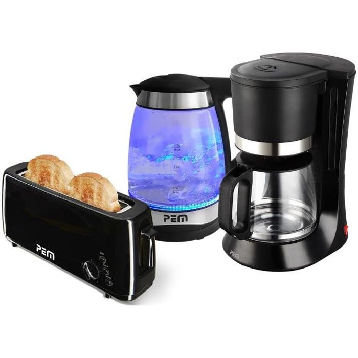 Set petit déjeuner - Pem - Bouilloire LED + Grille pain 1 fente + Cafetière 12 tasses