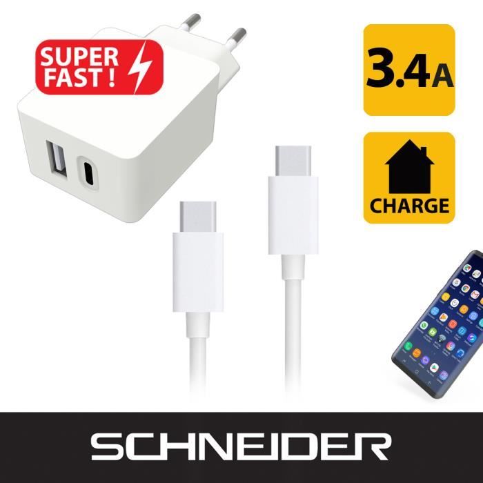 SCHNEIDER - Chargeur Secteur USB A/C 3.4A + Cable