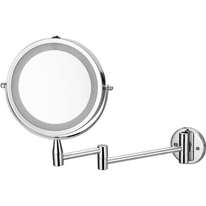 Miroir Rond Grossissant 1X / 3X Mural Lumineux à LED Miroir Salle de Bain Miroir Murale 360 Degrés Rotation, Extensible 40cm
