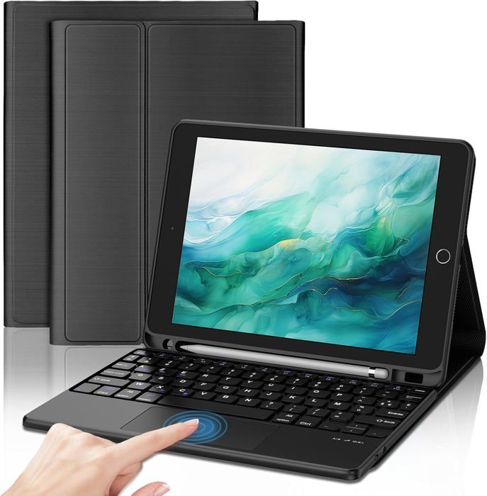 Coque Avec Clavier Bluetooth AZERTY Pour IPad 9.7" (6e/5e Gen, Pro 9.7, Air 2/1) - Clavier Détachable, Porte-crayon Intégré - Noir