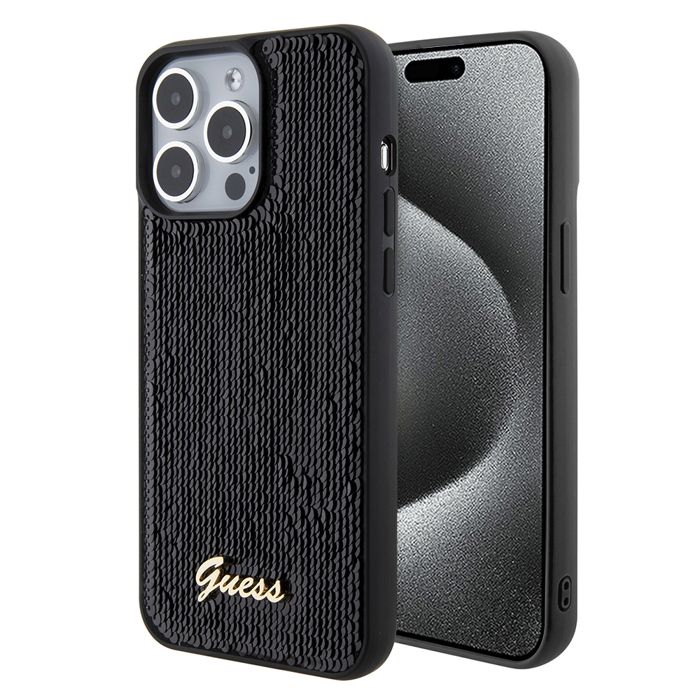 Guess Sequin Script Metal Coque pour iPhone 15 Pro Max
