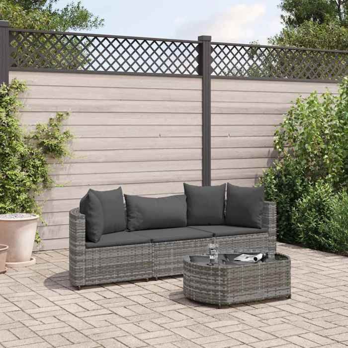vidaXL Salon de jardin 4 pcs avec coussins gris résine tressée ensemble de canapés dextérieur canapé dangle de jardin 3308362