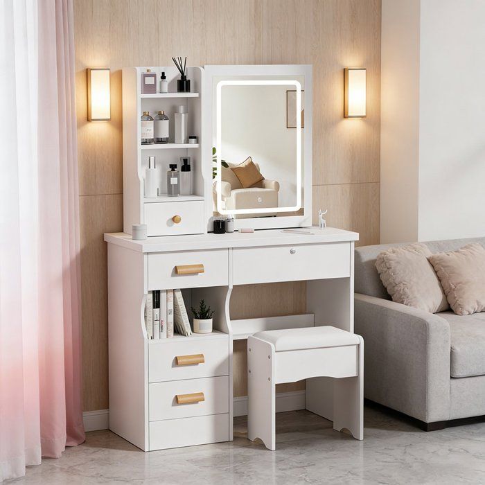 Coiffeuse avec Miroir LED - Tabouret Confortable - Table de Maquillage Moderne - 5 Tiroirs 7 étagères - Blanc 80x36x125cm