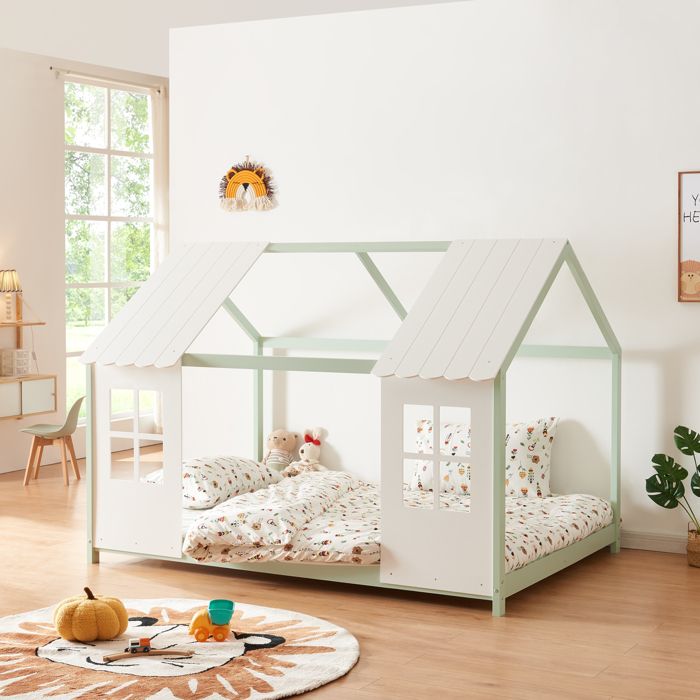 Lit cabane Tostedt pour enfant forme maison bois de pin 140 x 200 cm vert menthe blanc [en.casa]