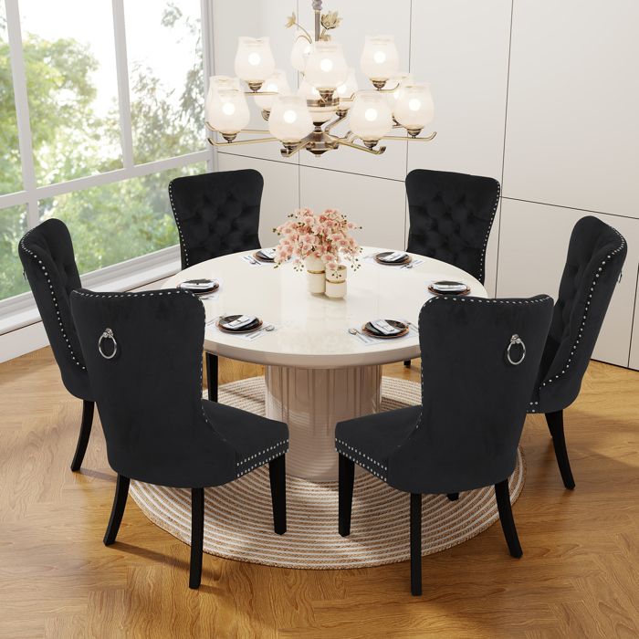 Lot De 6 Chaises De Salle à Manger Chaise Rembourrée En Velours Capitonné, Dossier Haut Avec Pieds En Chêne Massif, Beige - Maison