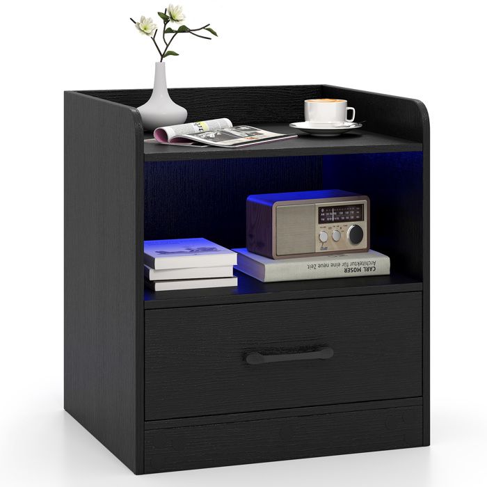 COSTWAY Table de Chevet LED avec Étagère Ouverte Tiroir Coulissant Lumière Multi-Couleurs Télécommande pour Salon Chambre Noir COSTWAY Table de Chevet LED avec Étagère Ouverte Tiroir Coulissant Lumière Multi-Couleurs Télécommande pour Salon Chambre Noir