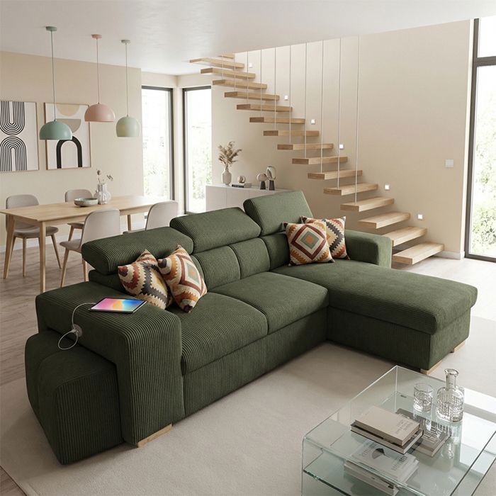 SIRIUS Canapé dangle reversible convertible Vert KAKI (velours côtelé ) - Taille M - 4 places - 251 x 165 x 94