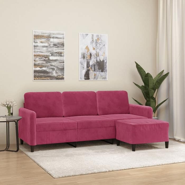 Rouge Canapé pour 3 places - KEETHE - Sofa Fixe - 2 Ans Garantie - et repose-pieds - Rouge bordeaux 180 cm- Velours LL203