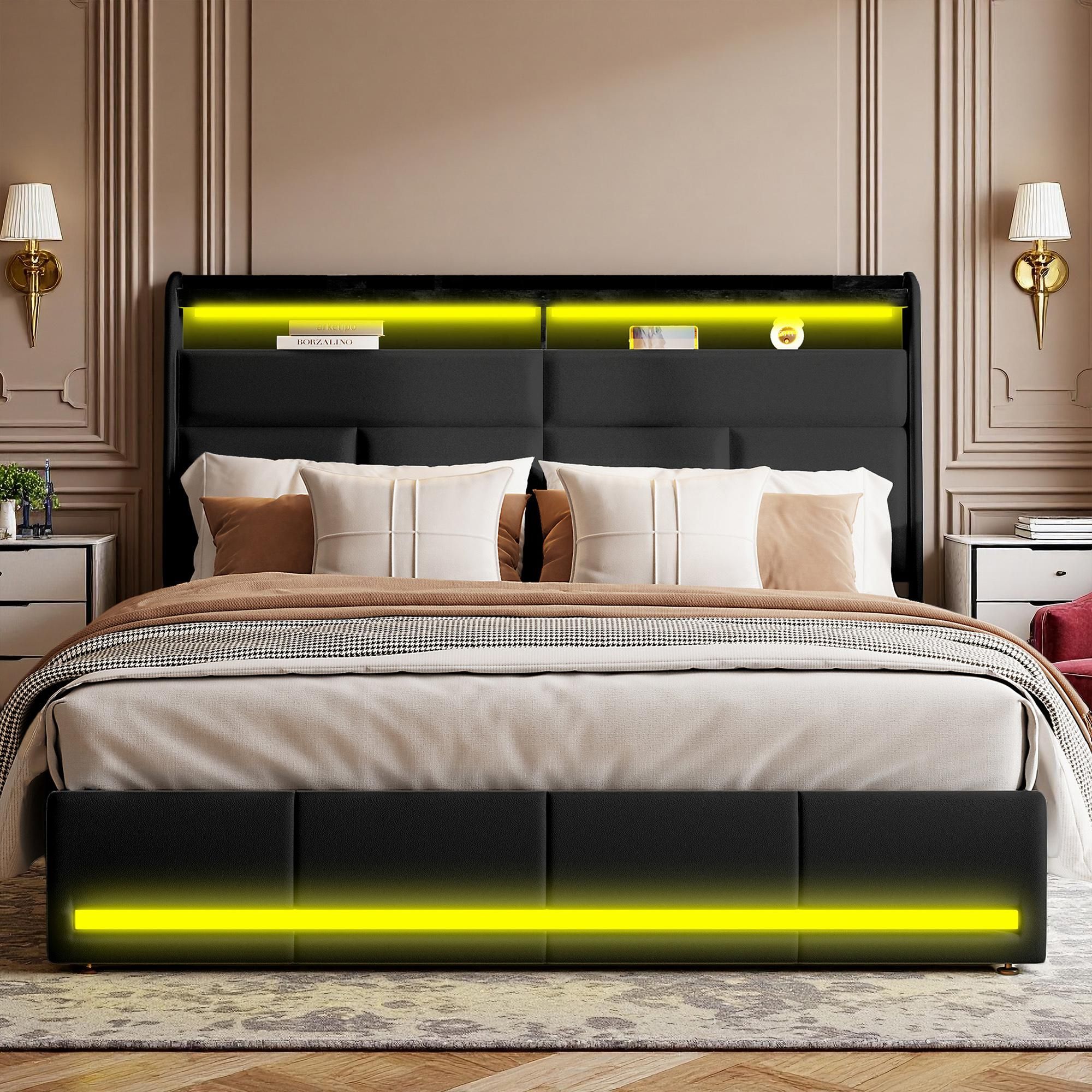 Lit 160x200 cm - COZY - Noir - LED intégrées - Sommier à lattes - Design élégant Lit 160x200 cm - COZY - Noir - LED intégrées - Sommier à lattes - Design élégant