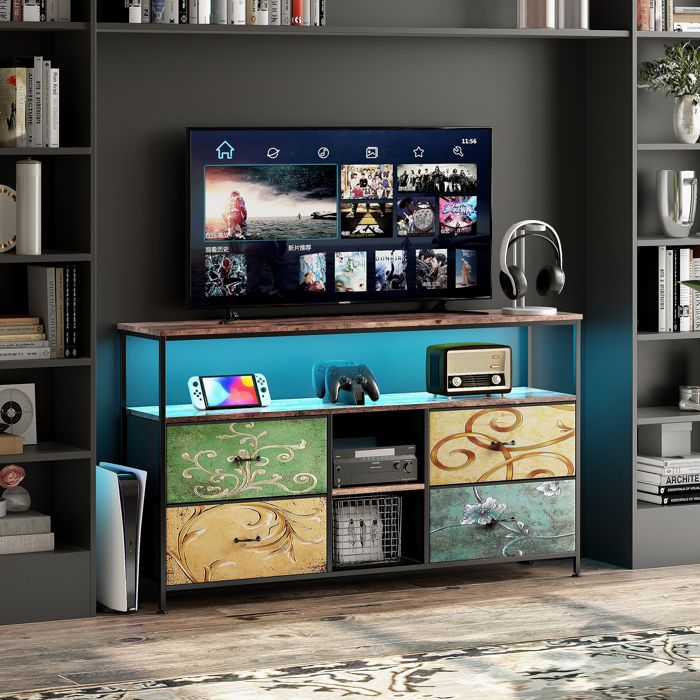 Meuble TV Moderne Armoire TV avec Eclairage LED 4 TiroirsTexture Sculptée CompartimentsRangement Pratique137x30x78cm