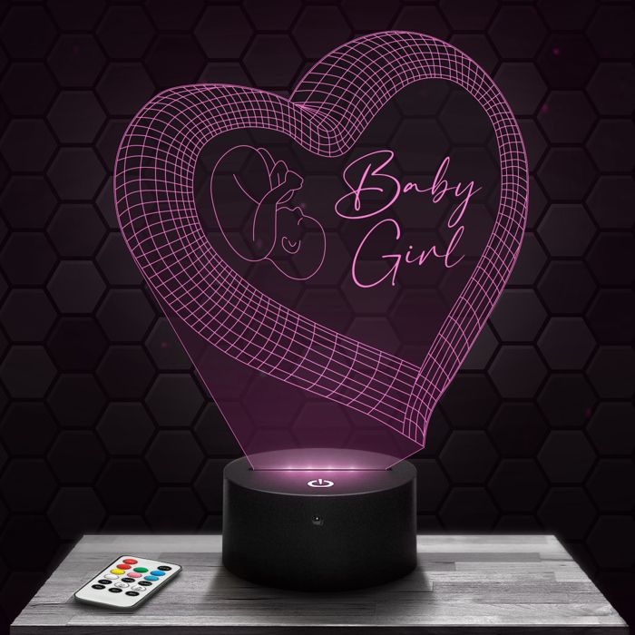 Lampe 3D - Coeur Baby Girl - Accessoire Objet Cadeau Coeur Baby Girl - Veilleuse Led Tactile avec socle au choix et télécommande
