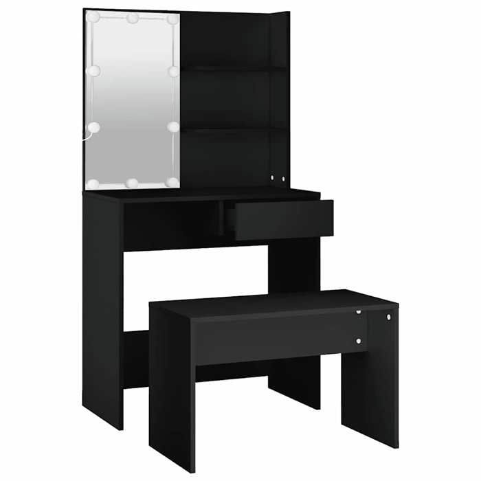 Coiffeuse avec LED - VIDAXL - Noir - Bois dingénierie - 745x40x141 cm - Tabouret inclus - Grand espace de rangement