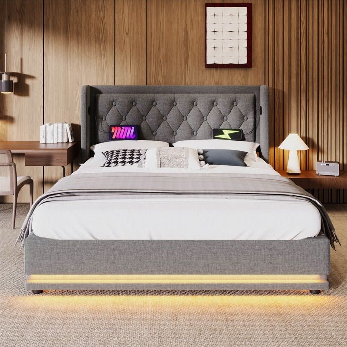 Lit Double Rembourré-LED 3 Côtés USB Type-C-Coton Confortable Respirant-160x200cm Gris-Nuit Moderne sans Matelas Lit Double Rembourré-LED 3 Côtés USB Type-C-Coton Confortable Respirant-160x200cm Gris-Nuit Moderne sans Matelas