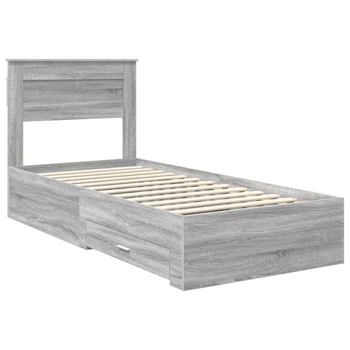 Structure de lit avec tiroir - UU - Bois dingénierie - Tête de lit incluse - Gris - 100x200 cm - Tiroirs de rangement