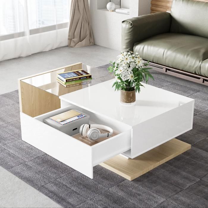 Table Basse LED Haute Brillance avec Plateau en Verre Trempé et Niche de Rangement – Table Appoint Moderne 105×55×32 5 cm Table Basse LED Haute Brillance avec Plateau en Verre Trempé et Niche de Rangement – Table Appoint Moderne 105×55×32 5 cm