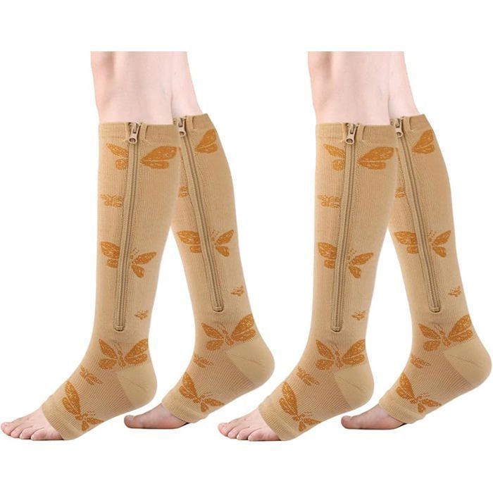 Chaussettes de Compression Médicale à Glissière 15-20 mmHg 2 Paires Bas de Contention Ouvert pour Mariposa+Mariposa