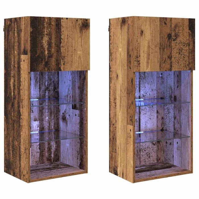 Meuble TV mural - vidaXL - Bois ancien - 405x30x90 cm - 2 portes - 8 étagères - Bandes LED multicolores