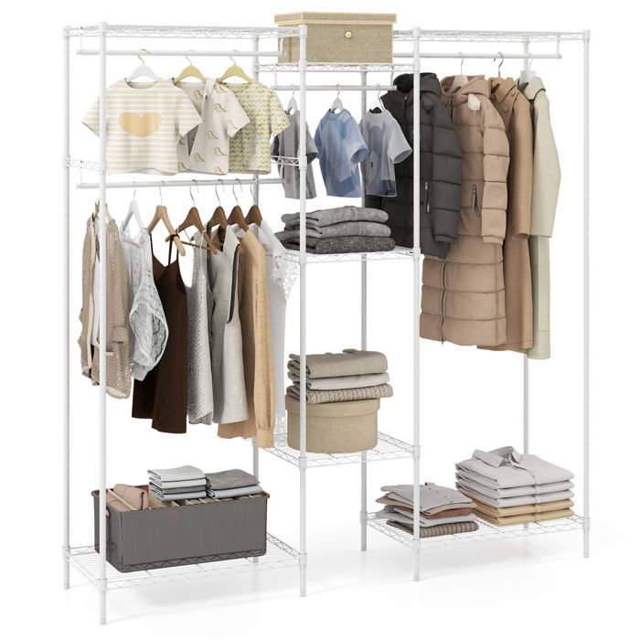 COSTWAY Armoire Portable en Métal avec 7 Étagères Métalliques Réglables & 4 Barres de Suspension pour Chambre Salle de Bain Blanc