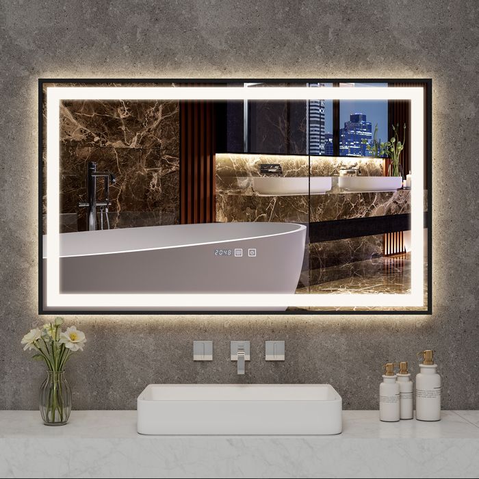LOMIKEN Miroir Mural 100x60cm Avec Éclairage LED Anti-Buée - 3 Couleurs, Variateur, Horloge, Grossissement 5x