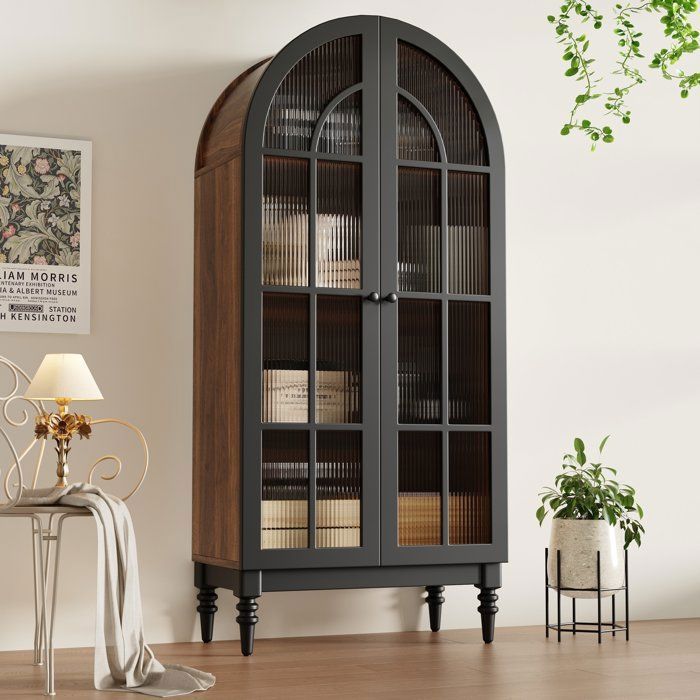 Vitrine Haute de salon avec 2 Portes en Verre Strié Armoire de Rangement Bibliothèque Vitrée Vintage Bois et Noir Vitrine Haute de salon avec 2 Portes en Verre Strié Armoire de Rangement Bibliothèque Vitrée Vintage Bois et Noir