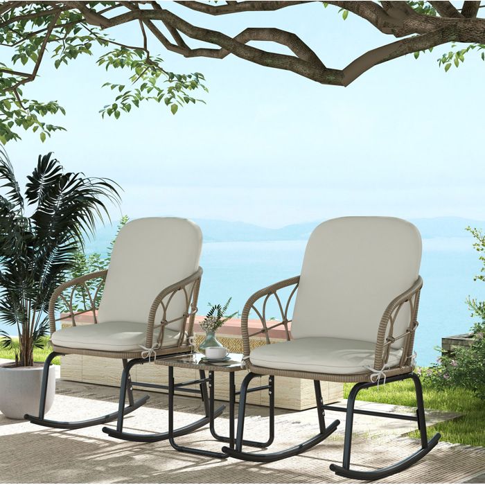 Maisentiel salon de jardin 3 pièces jaune avec 2 fauteuils à bascule table en verre et coussins