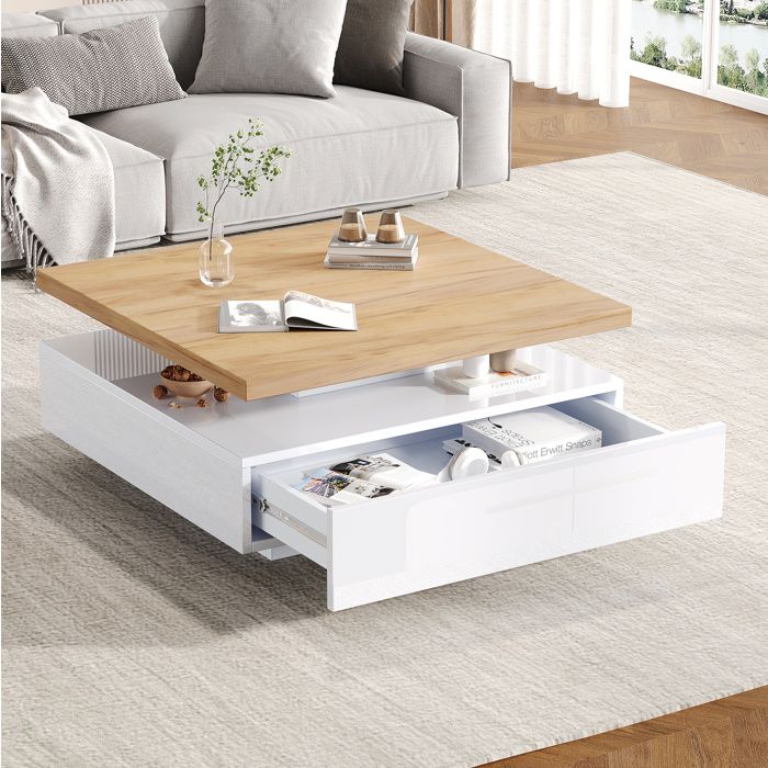 Table basse carrée noyer et blanc brillant 70 x 70 x 36 cm plateau rotatif 360° 2 niveaux