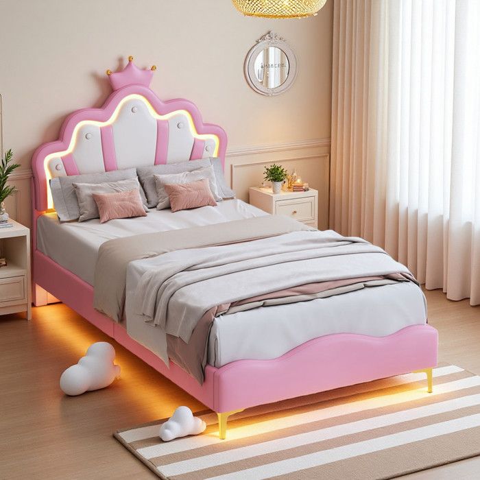 Lit enfant - Lit Princesse Nuage - 90x200 cm - LED intégrée avec télécommande - Similicuir capitonné rose
