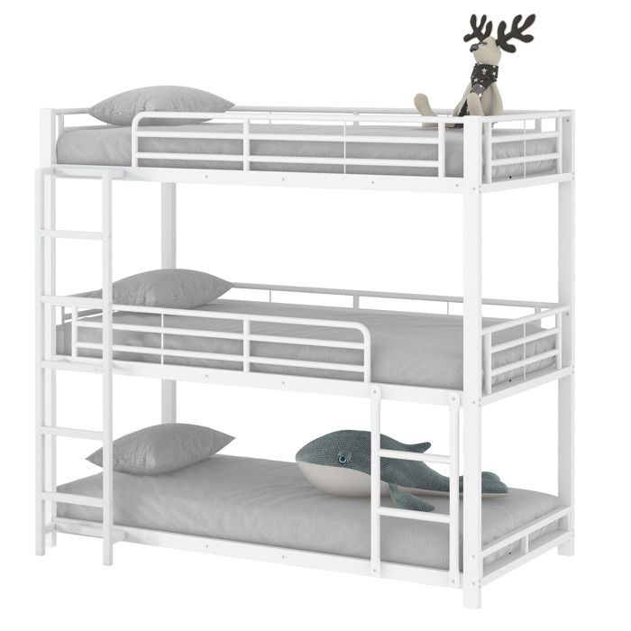 VLIVRA Lit superposé 90×200 cm 3 places - triple couchage échelle fixe et barrières - sans matelas - en métal - blanc