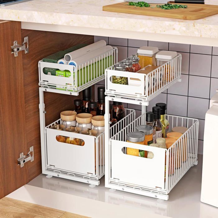 Organisateur Coulissant sous Évier avec Paniers - Forme L 26 5x38x48 5 cm - Étagères Empilables pour Placard (Blanc)