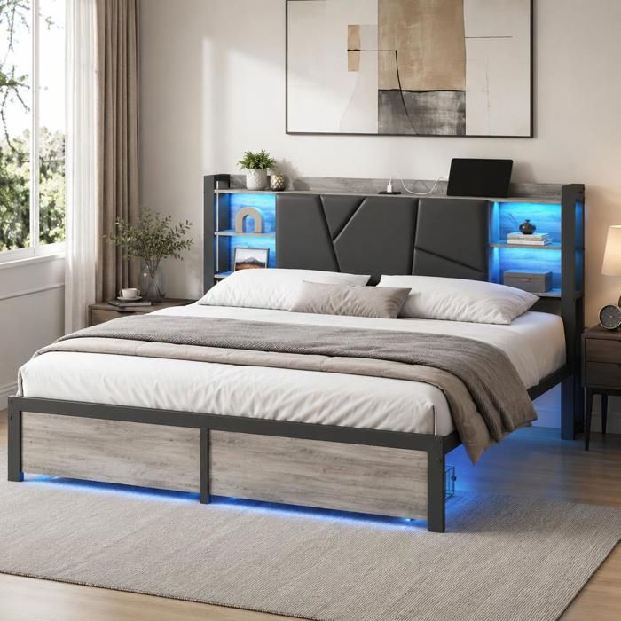 Lit double 160x200 cm lit adulte en fer avec LED et 2 tiroirs lit avec tête de lit et sommier à lattes gris Lit double 160x200 cm lit adulte en fer avec LED et 2 tiroirs lit avec tête de lit et sommier à lattes gris