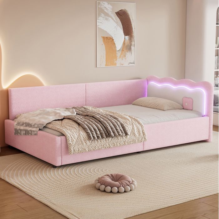 Lit Banquette 1 Place 90×200 cm avec LED Réglable Sommier à Lattes Sans Matelas Rose - UVRION