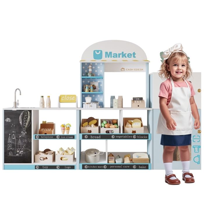 Épicerie en Bois pour Enfants Marchande de Jeu avec Réfrigérateur Tableau Noir Étagères Jouet dImitation Bleu 3+ Ans