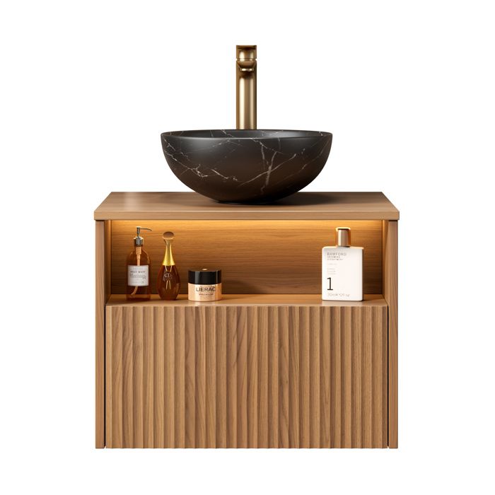 Meuble salle de bain 60cm brun effet chêne vasque noire en céramique pierre meuble avec tiroir étagère et lampe capteur
