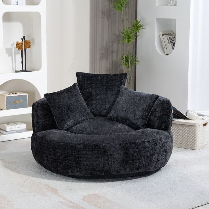 Pouf géant adulte en chenille noire fauteuil de sol ergonomique avec dossier haut canapé paresseux pour chambre et gaming.