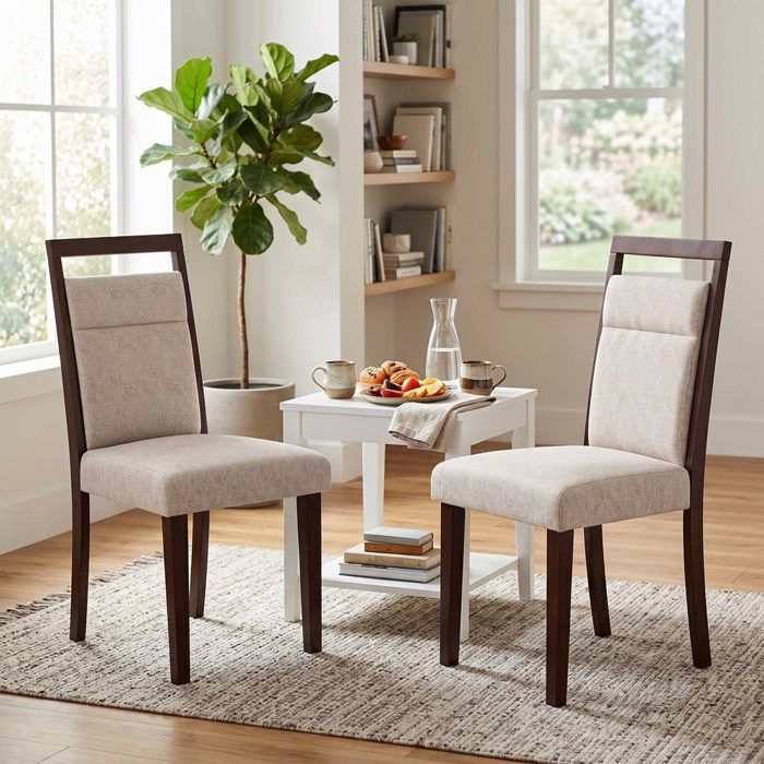 Chaise de salle à manger - CRESTA - Lot de 2 - Dossier ergonomique - Pieds en hévéa massif - Tissu lin beige Chaise de salle à manger - CRESTA - Lot de 2 - Dossier ergonomique - Pieds en hévéa massif - Tissu lin beige
