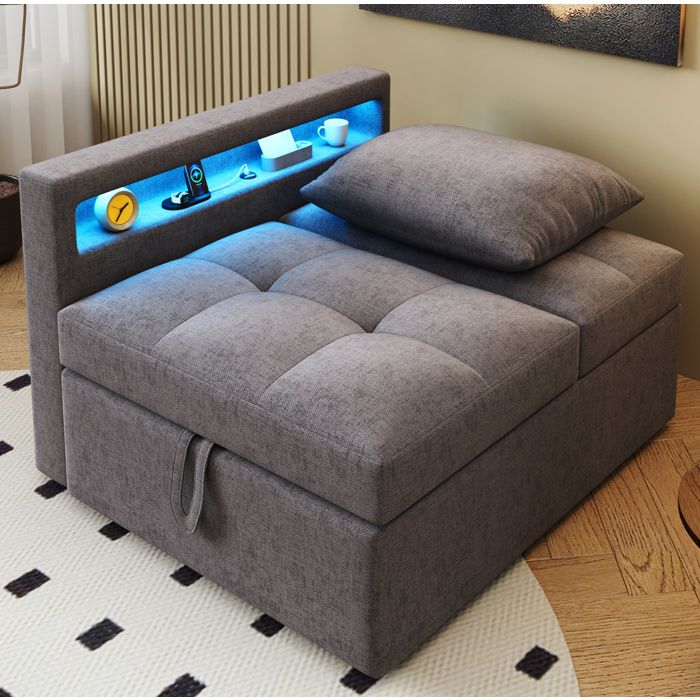 Canapé-Lit banquette 3 en 1 2 places 177 x 68 x 65 cm avec LED USB/Type-C et dossier réglable gris foncé